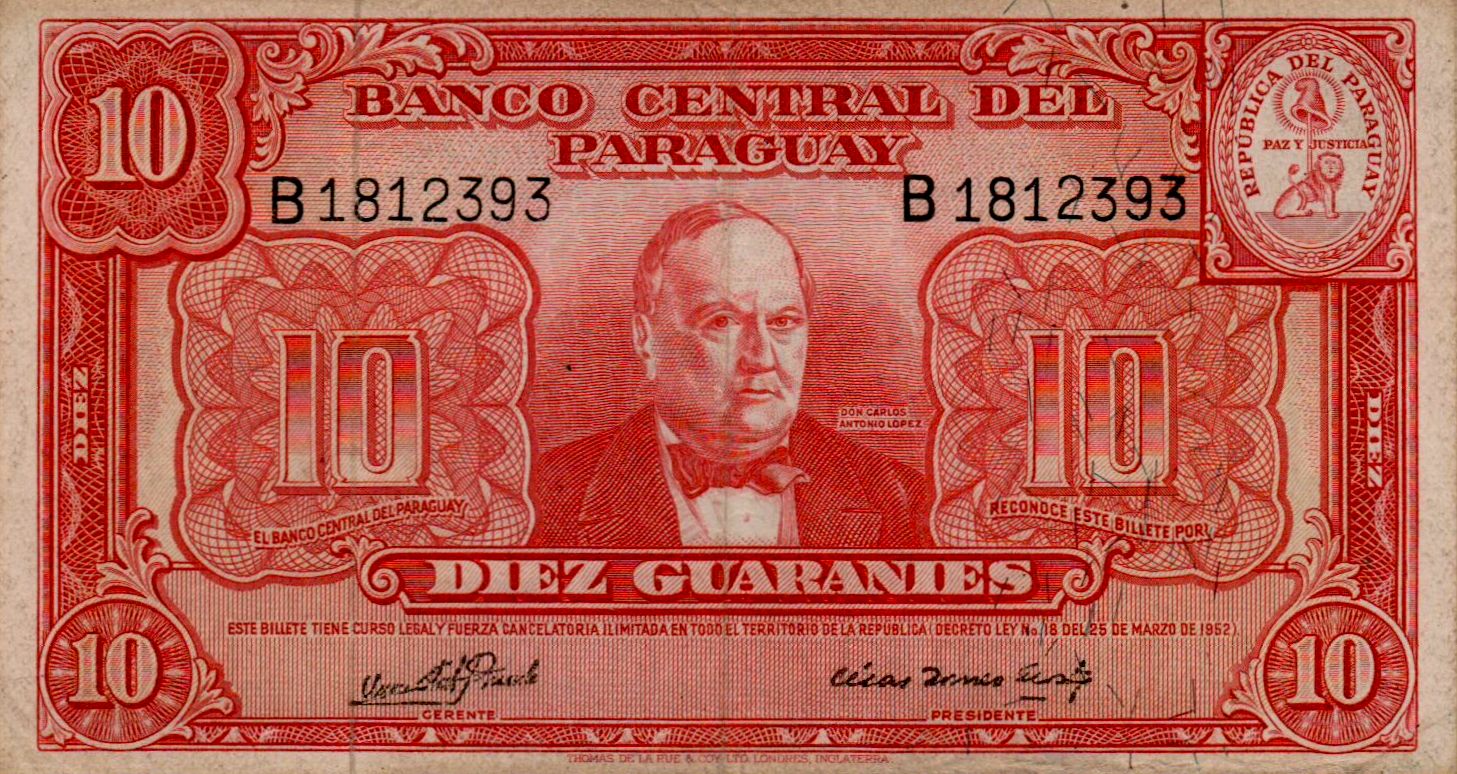Paraguay 10 1952 XF+ P-187/c
